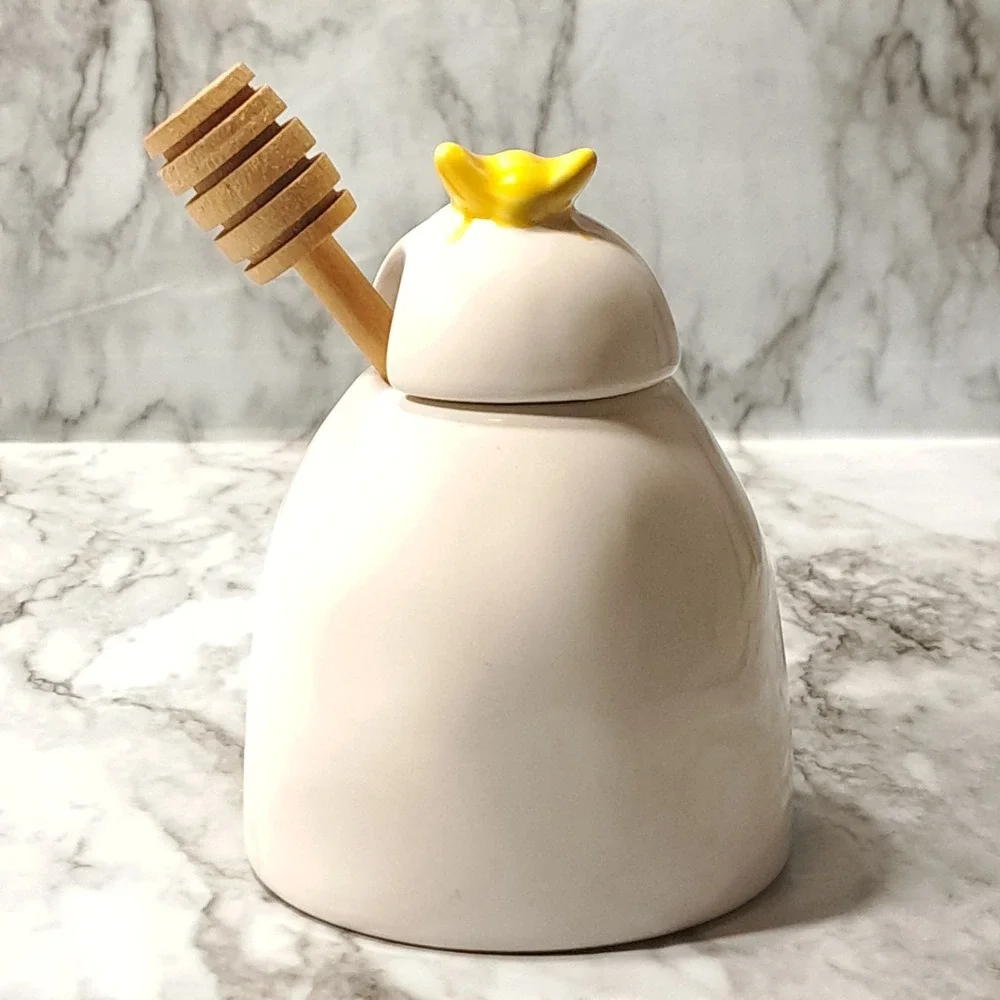 Rae Dunn Ceramic HONEY‎ Pot/ Jar With Wooden Honey Dipper  & Yellow Bee Lid